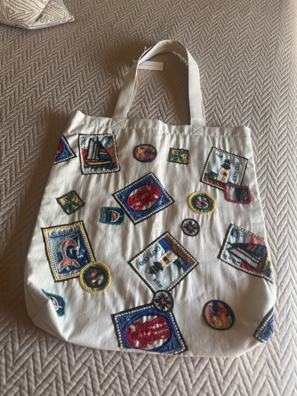 Anthropologie Printed Beaded Canvas Tote Bag - Picture 2 of 8